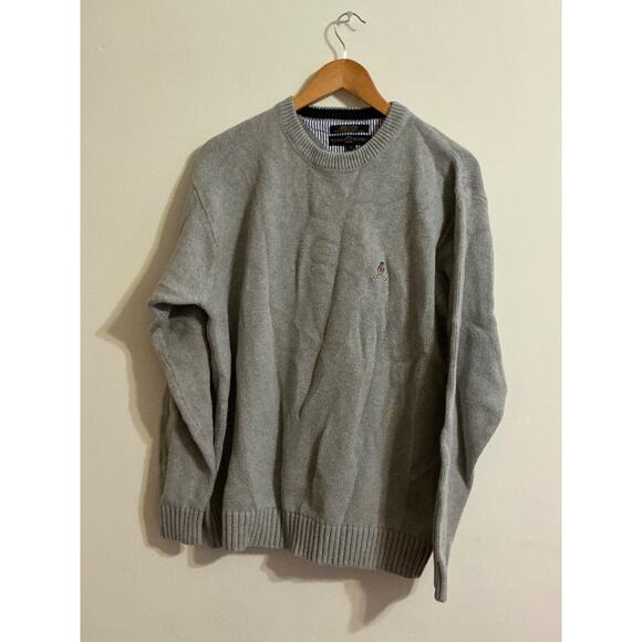 Men’s Tommy Hilfiger Sweater Large Gray Knit Pullover Round Neck Logo Front - Picture 1 of 8